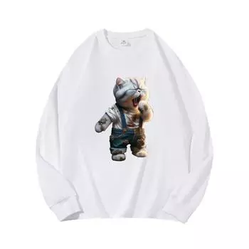 Yawning CatAutumn Clothing Длинные рукава из чистого хлопка Новые мужские и женские топы, весенний внутренний слой, базовая рубашка, футболка с круглым вырезом и длинными рукавами M коричневый