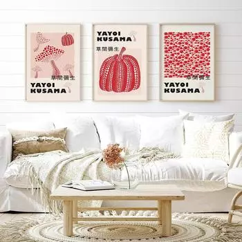 Yayoi Kusama Red Pumpkin Mushroom Dots Abstract Nordic Poster And Print Mid Century Wall Art Canvas Painting Picture Room Decor 21x30cm No Framed