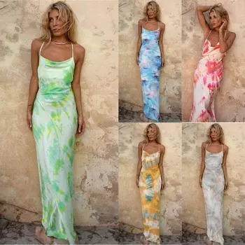 YD091 Tie-Dye Halter Neck Wrap Dress with Cross-Back for Women