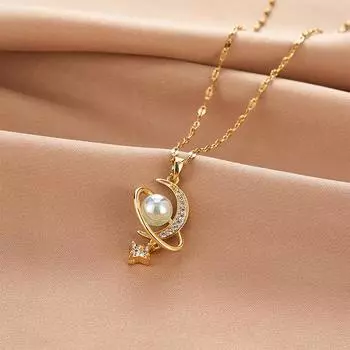 Year Star Moon Necklace Women S Light Luxury Premium Sense Commuter Inlaid Pearl Pendant Clavicle Chain