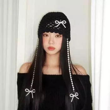 Yegg полый бант с жемчужной бахромой сумка головной убор женская летняя модная тенденция вязаный пуловер шапка показывает маленькое лицо M56-58cm