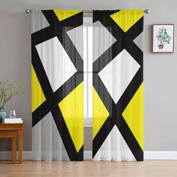 Yellow Black Grey Geometric Square Sheer Curtains for Living Room Decoration Window Curtains Kitchen Tulle Voile Curtains W135 x H115cm x1