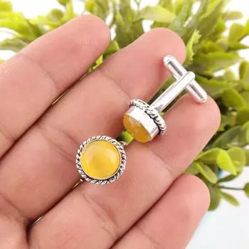 Yellow Cat s Eye Gemstone Cufflink 925 Sterling Silver Handmade Birthday Jewelry CL-3-28