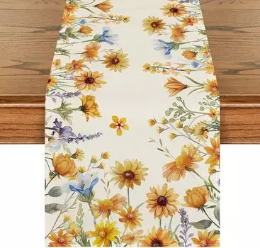 Yellow Daisy Lavender Flowers Leaves Summer Linen Table Runners Fall Dresser Scarf Table Decor Wedding Party Dining Table Decor 150x33cm 59x13inch