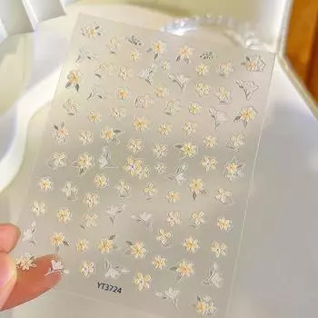 Yellow Flower Nail Stickers Fresh Exquisite Versatile Light Luxury Style Floral Relief Nail Back Adhesive Tape 1pcs