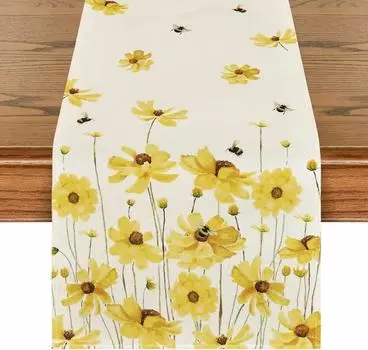Yellow Flowers Daisy Bees Summer Linen Table Runner Seasonal Spring Floral Home Holiday Kitchen Dining Table Wedding Party Decor 150x33cm 59x13inch