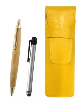 Yellow Grain Leather Pen Case with Metallic Silver and Maple Wood Retro Ballpoint Pen Set 2-Pack (SASY-ALST-HS47S-2)