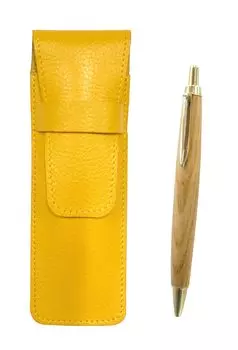 Yellow grained leather pen case and retro maple wood shaft ballpoint pen set (SASY-HS47S)