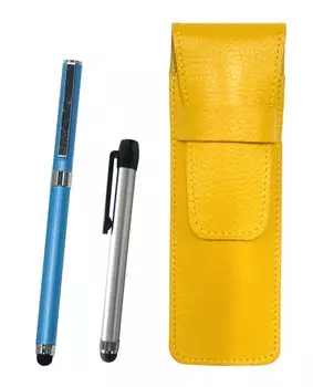 Yellow grained leather pen case with extra set of silver metal touch pen and smartphone touch metal cap ballpoint pen (blue) SASY-ALST-QSJW700-L