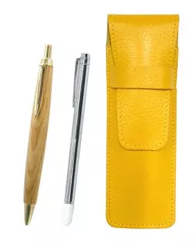 Yellow grained leather pen case with metal pointer and retro maple wood ballpoint pen set (SASY-701S-HS47S)
