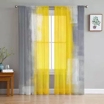Yellow Gray Abstract Art Oil Painting Texture Tulle Curtains Living Room Kitchen Window Decoration Chiffon Voile Sheer Curtain W135 x H115cm x1&Rod Pocket