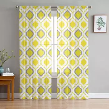 Yellow Grey White Moroccan Geometric Sheer Curtains for Living Room Decoration Window Curtains Kitchen Tulle Voile Curtains W135 x H115cm x1