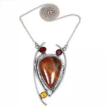 Yellow Jasper Garnet Gemstone Mother s Day Silver Jewelry Necklace 20 in
