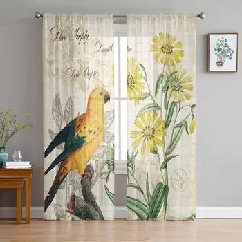 Yellow Parrot Sunflower Retro Sheer Curtains for Living Room Decoration Window Curtain Kitchen Tulle Voile Organza Drapes W135 x H115cm x1&Rod Pocket