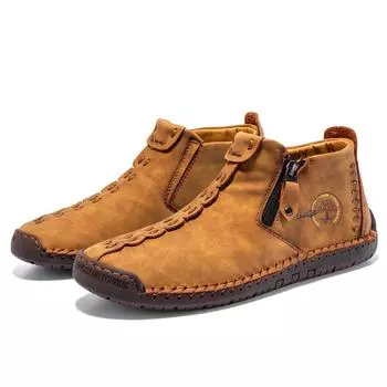 Yellow Retro Leather Casual Shoes For Men Women Big Size 36-48 Spring Zip Design Men s Ankle Boots Handmade Comfy Moccasins Man 36