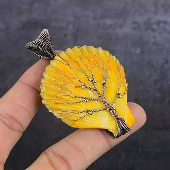 Yellow Sea Shell Gemstone Handmade Copper Wire Wrap Jewelry Pendant 2.92 h1c31