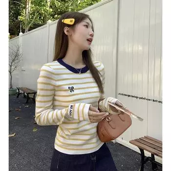 Yellow Striped Round Neck Printed Knitted Bottoming Long Sleeve Women s Autumn and Winter Off-Shoulder Designed Small Top S