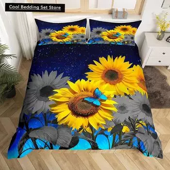 Yellow Sunflower King Queen Bedding Set Blossom Flowers Duvet Cover Blue Butterfly Floral Quilt Cover Polyester Comforter Cover EU single(135x200cm)