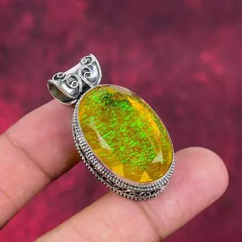 Yellow Triplet Opal Pendant, 925 Solid Sterling Silver Gemstone Jewelry, Handmade Pendant, For Memorial Day 1.69 Inches жёлтый