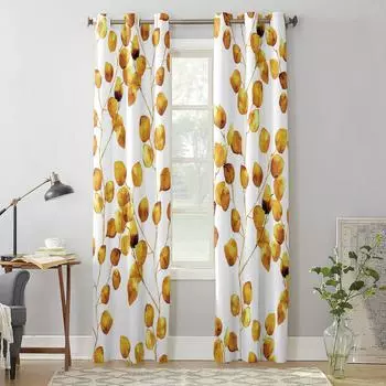 Yellow Watercolor Leaf Window Curtains for Living Room Bedroom Luxury Modern Kitchen Curtains Fabric Drapes 135W x 60H(cm) x1