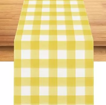 Yellow White Buffalo Plaid Linen Table Runners Washable Checkered Dresser Scarf Birthday Party Decor Kitchen Dining Table Decor 150x33cm 59x13inch