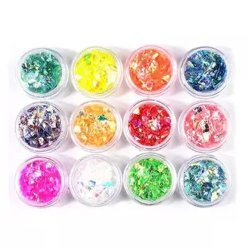 YFFSFDC Crush Hologram 12 Color Set Neon Flake Material Handcraft Смола Встроенные детали Nail Art Glitter Film