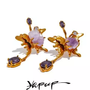 Yhpup эстетичные фиолетовые серьги-подвески из натурального камня из нержавеющей стали с бабочкой и кубическим цирконием, изысканные модные украшения, новые