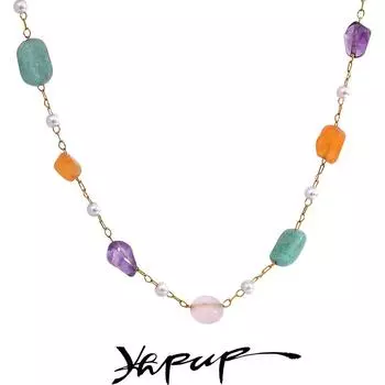 Yhpup красочная цепочка из натурального камня с искусственным жемчугом, модное ожерелье из нержавеющей стали, браслет для женщин, изысканные трендовые ювелирные изделия YH053A Necklace