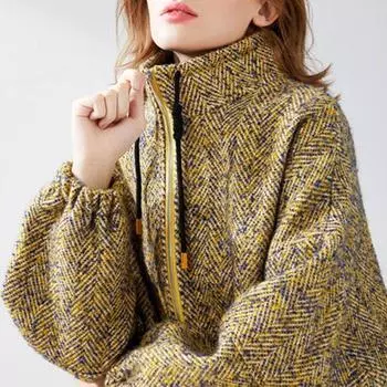 Yi Pin Batwing Sleeve Short Loose Windproof Woolen Coat Yellow XL