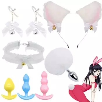 YILAIYA 8 Piece Set SM Cosplay Anal Plug Tail Collar Soft Silicone Anal Plug for Beginners Human SM Nipple Clip Bell Nipple Attack Adult Goods Cat Ear
