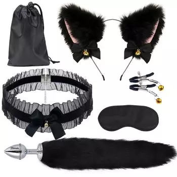 YILAIYA набор из 5 предметов SM Косплей Инструменты Анальная пробка Хвост Кошачьи уши Повязка на голову Ошейник-колокольчик Зажим для сосков SM Анальное расширение для начинающих Анальная тренировка Пытки сосков