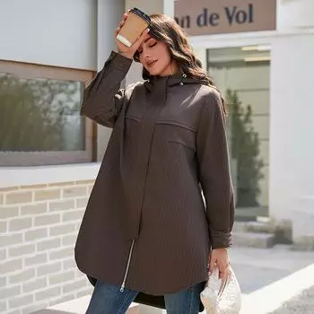 YISHENGSHUI Новая весенне-осенняя женская куртка Простая, средней длины, модная, уникальная, сшитая, с капюшоном, женская весенняя куртка 6368 L коричневый
