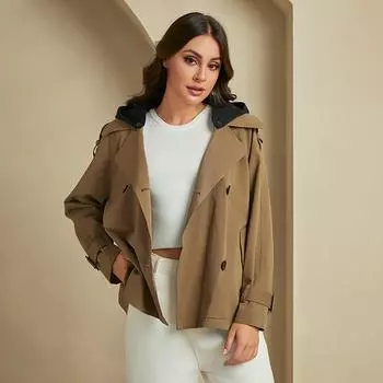 YISHENGSHUI Новая весенне-осенняя женская куртка Простая, средней длины, модная, уникальная, сшитая, с капюшоном, женская весенняя куртка 23792 L хаки