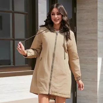 YISHENGSHUI Новая весенне-осенняя женская куртка Простая, средней длины, модная, уникальная, сшитая, с капюшоном, женская весенняя куртка 6218 L верблюд