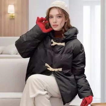 YJKDYK 2024 Новая зимняя женская хлопковая куртка женская однотонная с капюшоном утолщенная теплая короткая куртка женская роговая пуговица парки пальто S красный