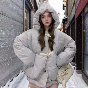 YJKDYK 2024 Новая зимняя женская хлопковая куртка женская однотонная с капюшоном утолщенная теплая короткая куртка женская роговая пуговица парки пальто S красный