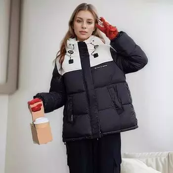 YJKDYK 2024 Новая зимняя женская куртка Женская контрастная повседневная хлопковая куртка с капюшоном Женская утепленная теплая стеганая куртка-парка M чёрный