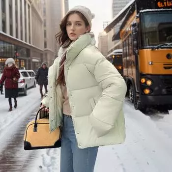 YJKDYK 2024 Женская стеганая куртка с высоким воротником, теплая хлопковая куртка, женская однотонная утепленная парка, пальто, женская одежда M зелёный