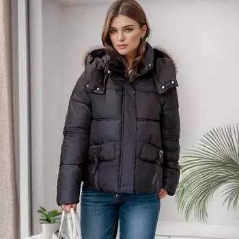 YJKDYK 2024 Женская зимняя куртка Женская 2 кармана с капюшоном Короткая хлопковая куртка Женская утепленная теплая парка Пальто Топы Короткая куртка M чёрный