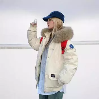 YJKDYK 2024 зимняя куртка женская парка пальто женская меховой воротник с капюшоном парки хлопковая куртка женская теплая зимняя одежда стеганая одежда S бежевый