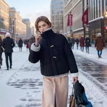 YJKDYK 2024 Зимняя новая женская стеганая куртка женская шерстяная воротник с лацканами повседневная короткая хлопковая куртка женские контрастные пальто M бежевый