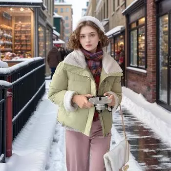 YJKDYK 2024 Зимняя новая женская стеганая куртка женская шерстяная воротник с лацканами повседневная короткая хлопковая куртка женские контрастные пальто M розовый