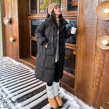 YJKDYK 2024 зимняя женская длинная куртка из натурального хлопка с капюшоном, утепленная теплая парка, пальто, топы, женская стеганая куртка M бежевый