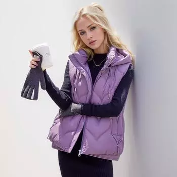 YJKDYK 2024 зимняя женская куртка без рукавов женская повседневная толстая теплая жилетка с капюшоном женская однотонная легкая жилетка куртка M хаки