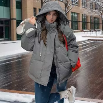 YJKDYK 2024 зимняя женская куртка с капюшоном повседневная короткая хлопковая куртка женская утепленная теплая парка на молнии с воротником-стойкой S белый