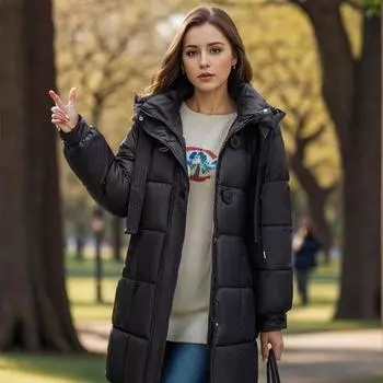 YJKDYK 2024 зимняя женская куртка утолщенная теплая с капюшоном, утепленная парка для ягодиц, женская утолщенная однотонная повседневная хлопковая куртка M чёрный