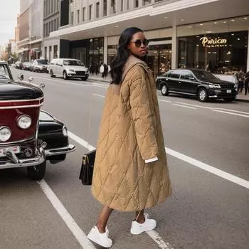 YJKDYK 2024 зимняя женская куртка женская контрастная трикотажная с капюшоном длинная хлопковая куртка женская ромбовидная парки пальто S чёрный