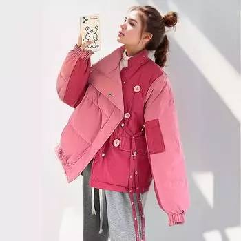 YJKDYK 2024 зимняя женская куртка женская контрастная с высоким воротником теплая хлопковая подкладка свободная универсальная куртка для хлеба женская одежда S розовый