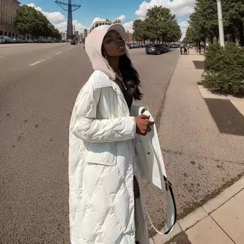 YJKDYK 2024 зимняя женская куртка женская контрастная трикотажная с капюшоном длинная хлопковая куртка женская ромбовидная парки пальто S белый