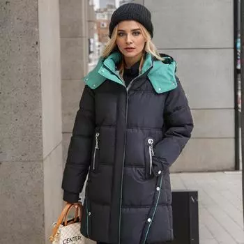 YJKDYK 2024 зимняя женская куртка женская контрастная длинная парка с капюшоном пальто женская утепленная теплая хлопковая куртка для женщин пальто M чёрный